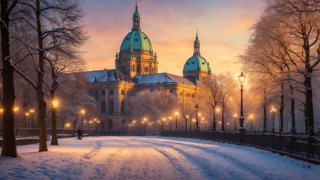 Schneebedeckte Straße mit Laternen und Bäumen, das historische Gebäude mit grünen Kuppeln im Hintergrund bei Sonnenuntergang.