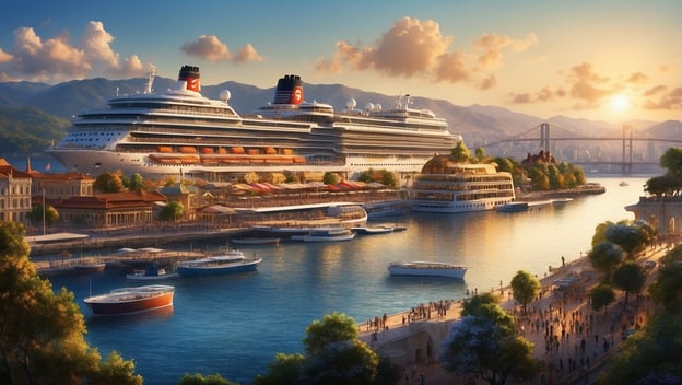 Große Kreuzfahrtschiffe im Hafen, umgeben von malerischen Gebäuden, Wasserwegen und Menschen bei Sonnenuntergang.