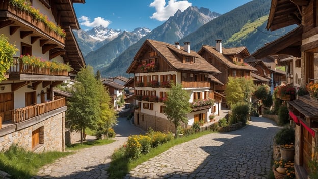 Traditionelle alpine Architektur und blühende Balkone im malerischen Raurisertal mit Bergen im Hintergrund.