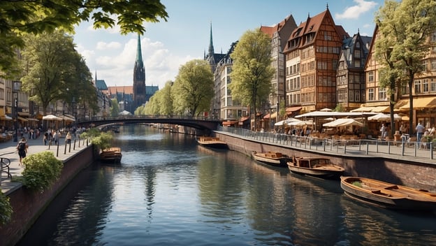 Ein malerischer Kanal mit Booten, umgeben von historischen Gebäuden und grünen Bäumen. Menschen flanieren entlang der Uferpromenade.