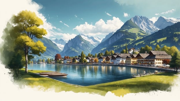 Eine malerische Landschaft mit einem klaren See, umgeben von Bergen und bunten Bäumen, sowie traditionellen Häusern am Ufer.