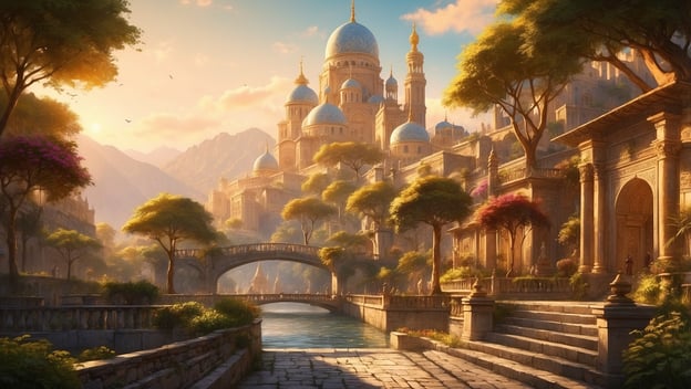 Eine malerische Stadt mit Kuppeln und Brunnen umgeben von Bäumen, beleuchtet von warmem Licht. Entdecke dein Traumziel: Unvergessliche Reiseerlebnisse warten!
