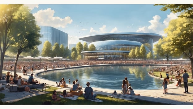 Ein großes Sommerfestival mit einer Menschenmenge am Wasser, modernem Gebäude im Hintergrund und grüner Umgebung.