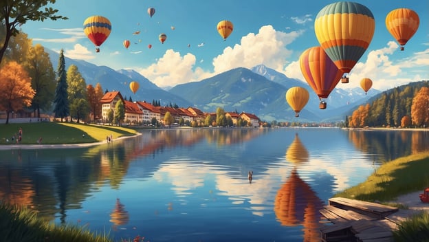 Bunte Ballons fliegen über den Tegernsee, umgeben von Bergen und herbstlichen Bäumen, mit Menschen am Ufer.