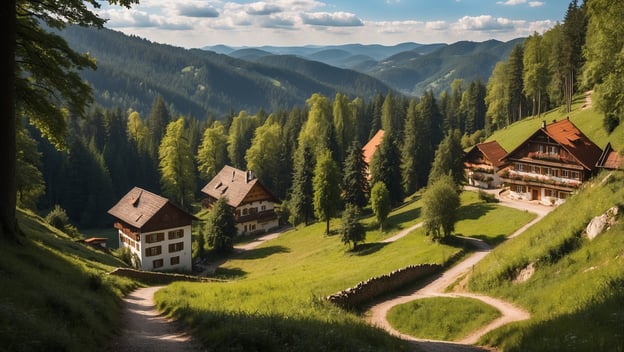 Blick auf eine malerische Landschaft im Schwarzwald mit grünen Wiesen, bewaldeten Hügeln und traditionellen Häusern.