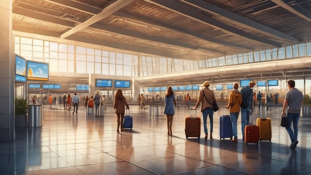 Fünf Reisende ziehen mit Gepäck durch einen modernen Flughafen mit großen Fenstern und digitalen Anzeigetafeln.