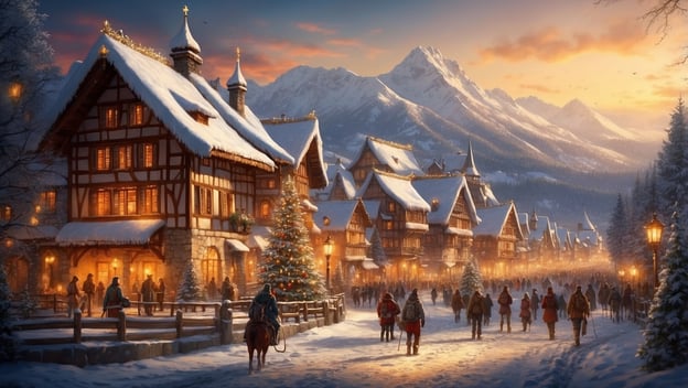 Ein verschneites Dorf mit festlich beleuchteten Fachwerkhäusern, einer Tanne und einem Sonnenuntergang im Hintergrund.