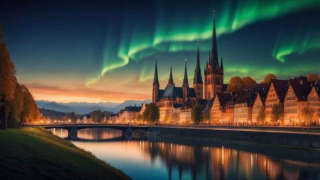 Polarlichter leuchten über einer Stadt mit historischen Gebäuden und einer Brücke, reflektiert im ruhigen Wasser.