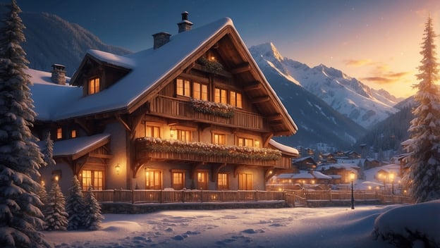 Ein gemütliches Chalet in verschneiter Landschaft, beleuchtet von warmem Licht, umgeben von schneebedeckten Bergen und Tannen.