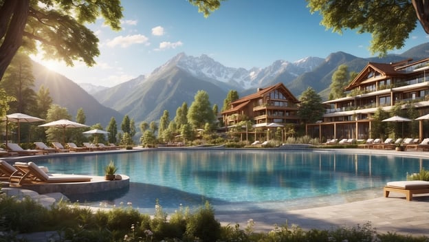 Luxuriöse Wellness-Oase mit Pool, Liegen und Bergpanorama, umgeben von Natur und komfortablen Unterkünften.