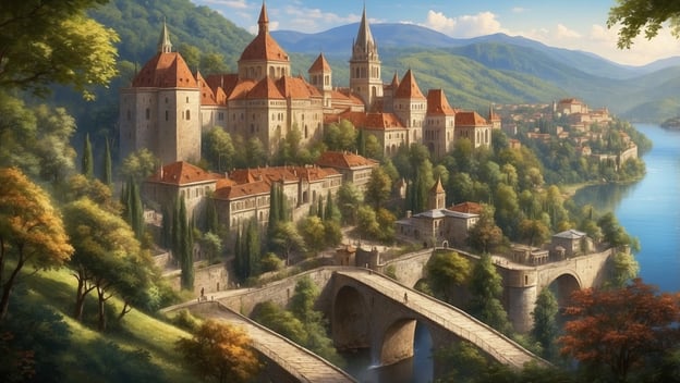 Eine malerische Landschaft mit einer beeindruckenden Burg, umgeben von grünem Wald und einem ruhigen Fluss, der fließt.