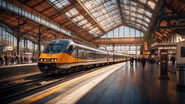 Ein moderner Zug steht an einem Bahnhof mit hohem, lichtdurchflutetem Dach. Passagiere bewegen sich auf dem Bahnsteig.