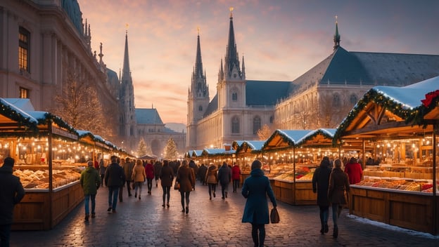 Beleuchtete Stände auf einem Weihnachtsmarkt in Wien, Menschen bummeln, historische Gebäude im Hintergrund und ein schöner Sonnenuntergang.