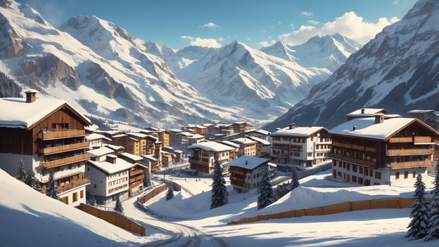 Ski mit Felix Neureuther am Stilfser Joch erleben, idyllisches Bergdorf mit schneebedeckten Hütten und majestätischen Bergen.