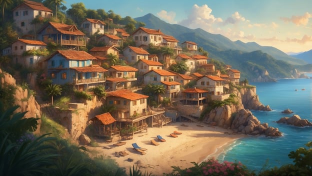 Eine malerische Küstenlandschaft mit bunten Häusern, tropischen Pflanzen und einem Sandstrand. Das Wasser ist klar und blau.