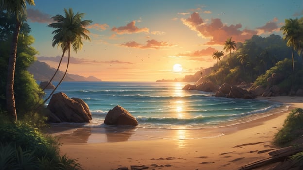 Tropischer Strand mit Palmen, sanften Wellen und Sonnenuntergang im Hintergrund. Felsen liegen im Wasser und am Ufer.