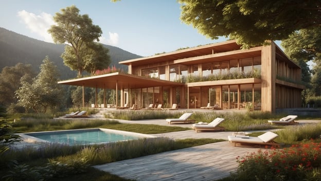 Moderne Holzarchitektur mit großen Fenstern, umgeben von Natur und einem Pool in einer ruhigen Landschaft.