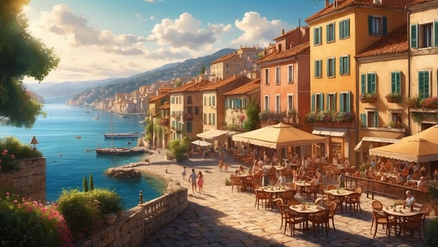 Küstenstadt mit bunten Häusern, Cafés und Gästen am Wasser, umgeben von Bergen und einer malerischen Landschaft.