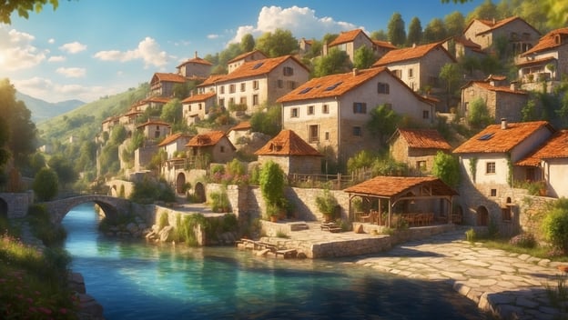 Malerische Landschaft mit Häusern und einem Fluss, umgeben von grünen Hügeln und blauen Himmel.