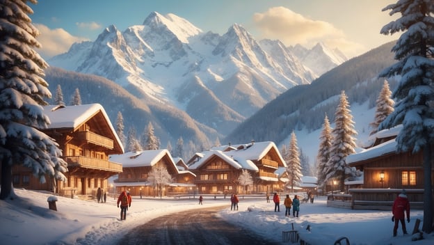 Schneebedeckte Alpenlandschaft mit Holzchalets und Familien, die im winterlichen Dorf spazieren.