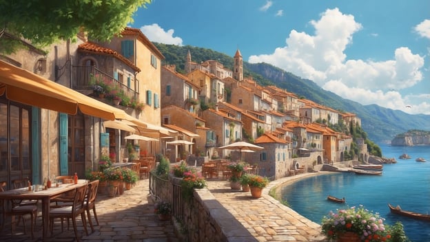 Idyllische Küstenlandschaft mit bunten Häusern, Cafés und einem glitzernden Wasser im Hintergrund. Perfekt zum Entspannen.