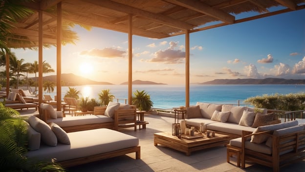 Luxuriöse Loungemöbel mit Meerblick, entspannende Atmosphäre und Sonnenuntergang am Strand.