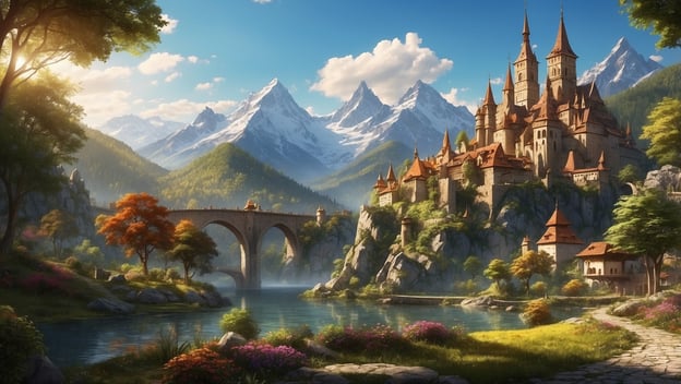 Eine malerische Burg liegt am Ufer eines Gewässers, umgeben von Bergen und lebhaften Bäumen.