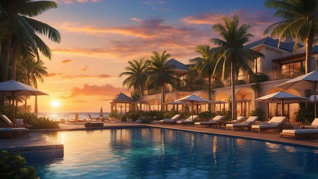 Luxuriöses Resort in Florida mit Pool, Liegen und Blick auf den Sonnenuntergang über dem Meer, umgeben von Palmen.