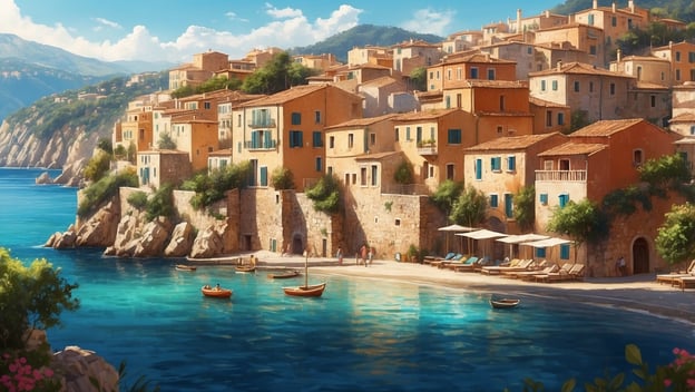 Bunte mediterrane Häuser am Wasser mit Booten und Sonnliegen, umgeben von strahlend blauem Wasser und Bäumen.