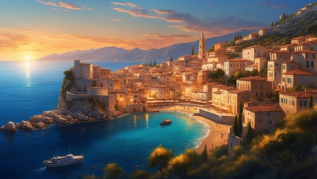 Malerische Küstenstadt bei Sonnenuntergang mit steilen Felsen, einem Hafen, Booten und historischen Gebäuden.