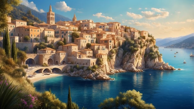 Idyllisches Küstendorf mit historischen Gebäuden, sanften Hügeln und klarem blauem Wasser. Kleine Boote im Hafen.