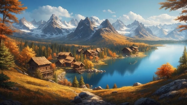 Eine malerische Landschaft mit Bergen, einem klaren See und rustikalen Hütten umgeben von buntem Herbstlaub.
