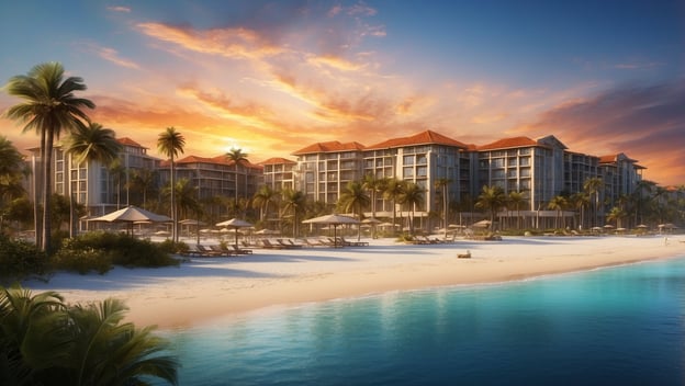 Entdecke das neue Hilton Resort am traumhaften Strand Floridas mit Palmen, einem hellen Sandstrand und einem klaren blauen Wasser.