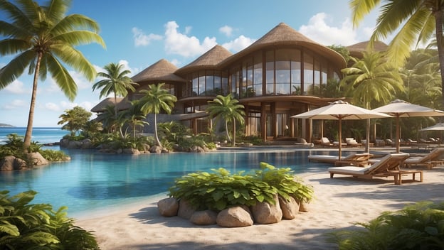 Luxuriöses Resort am Strand mit Palmen, Pool und modernen Villen im tropischen Ambiente. Ideal zum Entspannen.