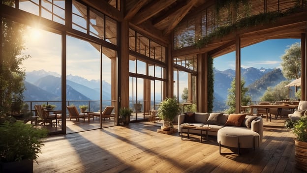 Ein modernes, helles Holzhaus mit großen Fenstern, Blick auf Berge und eine gemütliche Terrasse mit Sitzgelegenheiten.