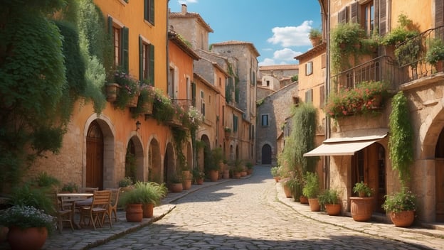 Eine malerische, enge Gasse mit bunten Häusern, üppiger Bepflanzung und Terrakotta-Töpfen, die eine idyllische Atmosphäre schaffen.