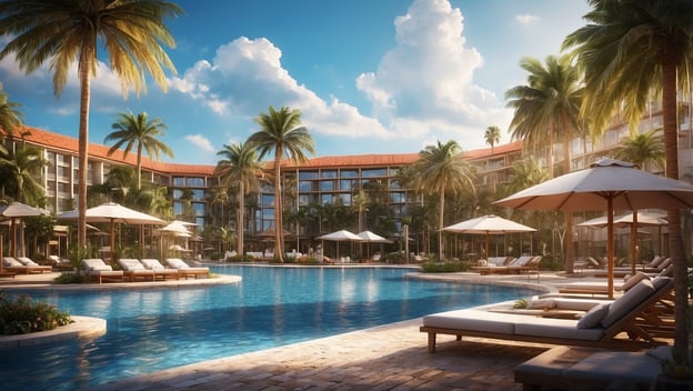 Luxuriöses Hotel mit Pool, Palmen und Sonnenliegen in einer traumhaften Landschaft Floridas unter blauem Himmel.