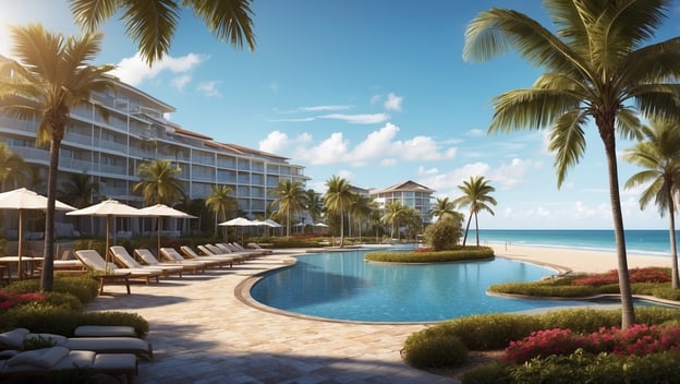 Luxuriöse Poollandschaft mit Liegen und Sonnenschirmen, umgeben von Palmen und Blick auf das Meer im Hilton Resort in Florida.