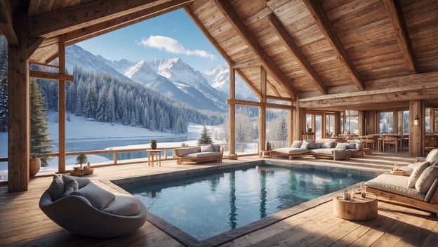 Gemütlicher Rückzugsort mit Blick auf verschneite Berge, Glasfront und Pool, ideal für Eisbaden im Natursee. Winterwellness.