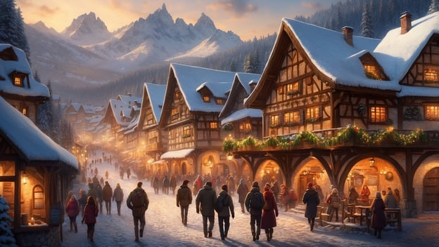 Eine winterliche Dorfstraße mit schneebedeckten Fachwerkhäusern, festlich geschmückt, zahlreiche Menschen schlendern durch die Szene.