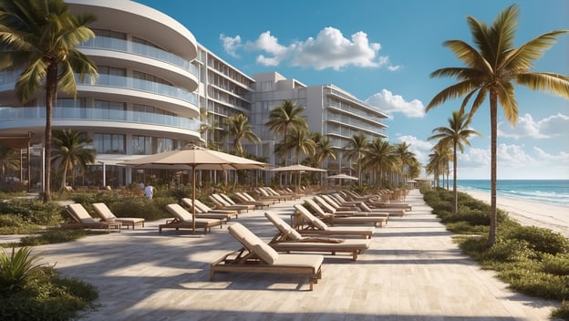 Luxusurlaub im neuen Hilton Resort direkt am Strand in Florida mit Liegestühlen, Palmen und einem klaren blauen Himmel.