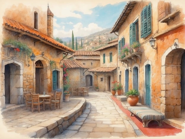 Auf dem Bild ist eine malerische Straße in einem historischen Dorf zu sehen. Die Gebäude sind aus Stein, mit bunten Fensterläden und blühenden Pflanzen, die dem Ort eine einladende Atmosphäre verleihen. Die gepflasterte Straße schlängelt sich durch die Szenerie, und es gibt Sitzgelegenheiten im Freien, die zu einem entspannenden Aufenthalt einladen.Diese Darstellung spiegelt die Bedeutung des lettischen Erbes wider, das stark von der Natur, der historischen Architektur und dem Gemeinschaftsleben geprägt ist. Solche Szenen erinnern an die Traditionen und die Lebensweise, die in Lettland wertgeschätzt werden, und betonen die Verbindung zwischen Mensch und Umgebung.