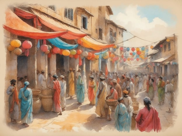 Auf dem Bild ist eine belebte Szene zu sehen, die an ein traditionelles Fest erinnert, bei dem Menschen in farbenfrohen Kleidern zusammenkommen. Die Straßen sind mit bunten Laternen und Stoffbahnen geschmückt, was an lettische Feste wie die Mittsommerfeier (Jāņi) oder die Erntefeste erinnert.Bei diesen Feiern wird oft das Zusammensein, die Gemeinschaft und die Natur gefeiert, wobei Tanz, Gesang und traditionelle Speisen eine große Rolle spielen. Die Menschen auf dem Bild scheinen ebenfalls in festlicher Stimmung zu sein, was die festliche Atmosphäre unterstreicht.