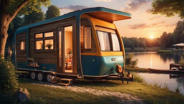 Ein modernes Tiny House am Ufer eines ruhigen Sees, umgeben von Bäumen und einem schönen Sonnenuntergang im Hintergrund.