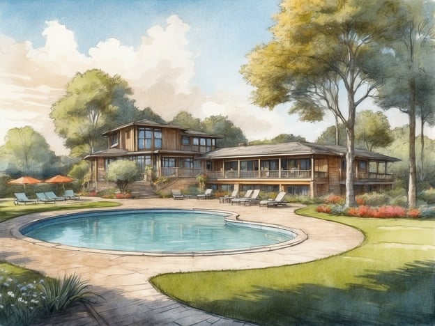 Ein modernes Gebäude im mittleren Stilelement mit großen Fenstern steht in einer schönen Gartenlandschaft. Vor dem Gebäude befindet sich ein runder Swimmingpool, umgeben von Rasenflächen und farbenfrohen Blumenbeeten. Am Pool sind einige Liegen und orangefarbene Sonnenschirme platziert. Im Hintergrund sind hohe, grüne Bäume und ein blauer Himmel mit wenigen Wolken sichtbar.
