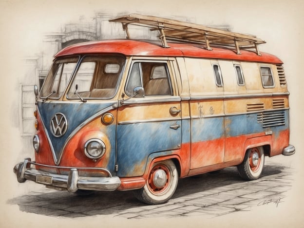 Auf dem Bild ist ein Volkswagen-Bus zu sehen, der in einer künstlerischen Darstellung gezeichnet wurde. Der Bus hat eine auffällige Farbgebung in Blau, Rot und Weiß und ist mit einem Dachgepäckträger ausgestattet.In Lettland wird Handwerkskunst oft durch die Arbeit mit Holz und traditionellen Techniken geprägt. Diese Techniken könnten in der Gestaltung und Restauration von Oldtimern, wie diesem Volkswagen-Bus, eine Rolle spielen, da viele lokale Handwerker ihre Fähigkeiten nutzen, um historische Fahrzeuge zu erhalten oder zu individualisieren. Dies zeigt die Verbindung zwischen Auto-Kultur und traditioneller Kunstfertigung.