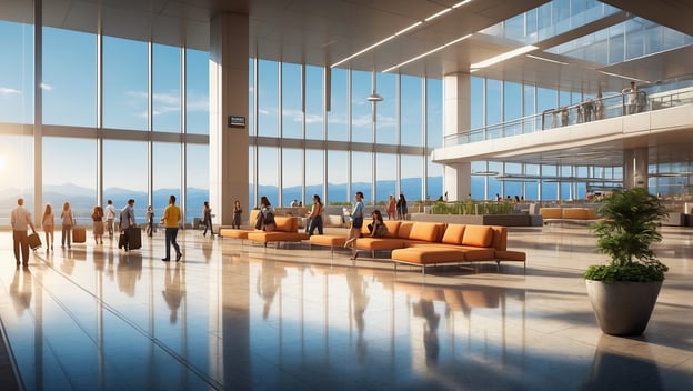 Moderne Flughafenhalle mit großen Fenstern, Reisenden, Loungemöbeln und sonnigem Ausblick auf Berge.