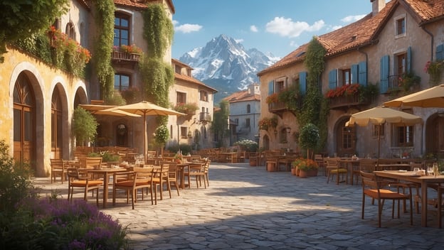 Gemütlicher Platz mit Holztischen und Stühlen, umgeben von blühenden Pflanzen und alten Gebäuden, im Hintergrund Berge.