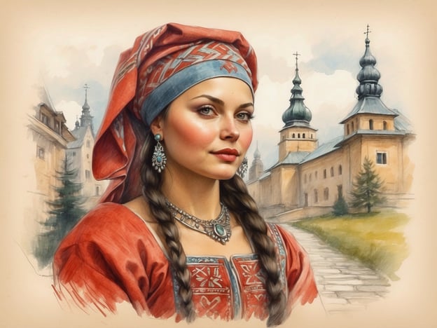 Auf dem Bild ist eine junge Frau in traditioneller lettischer Tracht zu sehen, die mit kunstvollen Ornamenten und Schmuck verziert ist. Sie trägt ein rotes Kleid und einen Kopfschmuck, was typisch für die lettische Folklore ist. Die Umgebung zeigt eine historische Architektur mit Kirchtürmen, die auf den kulturellen und religiösen Einfluss in Lettland hinweisen.Die lettische Folklore spielt eine zentrale Rolle in der Identitätsbildung und bewahrt die Traditionen, Legenden und Lieder des Landes. Die Trachten sind oft mit regionalen Besonderheiten verbunden und erzählen Geschichten von Bräuchen, Natur und dem Alltagsleben der lettischen Menschen. In diesem Kontext symbolisiert das Bild die Verbindung zur Geschichte und die Wertschätzung für die kulturellen Wurzeln Lettlands.