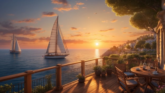 Zwei Segelboote setzen über das ruhige Wasser in einen Sonnenuntergang, umgeben von einem malerischen Küstenpanorama.